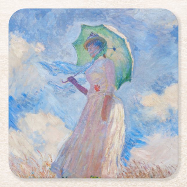 Claude Monet - Woman with a Parasol facing left Square Paper Coaster (Front)