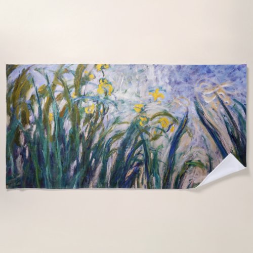 Claude Monet _ Yellow and Purple Irises Beach Towel