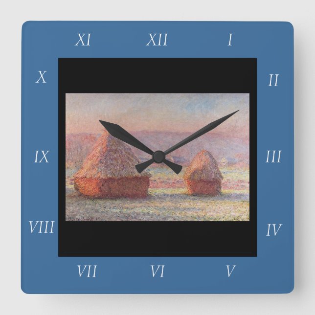 Claude Monet's White Frost Sunrise (Haystacks)) Square Wall Clock (Front)