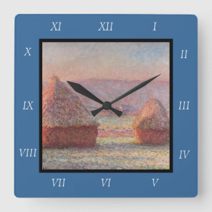 Claude Monet's White Frost Sunrise (Haystacks)) Square Wall Clock