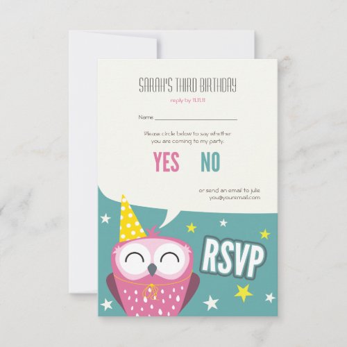 Claudette the Owl Kids Birthday Party RSVP