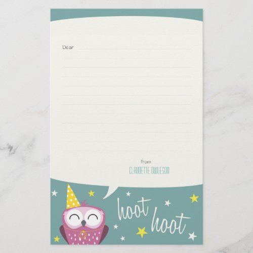 Claudette the Party Owl  Lined Note Paper