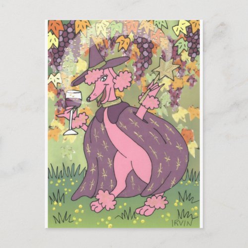 Claudette the Pink Poodle Enchantress of Red Wine Postcard