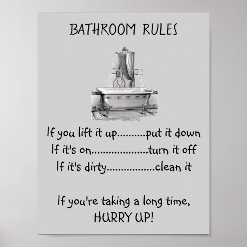 Claw Foot Bath Tub Bathroom Rules Poster