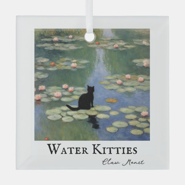 Claw Monet Water Lilies Cat Pond Christmas Glass Ornament (Front)