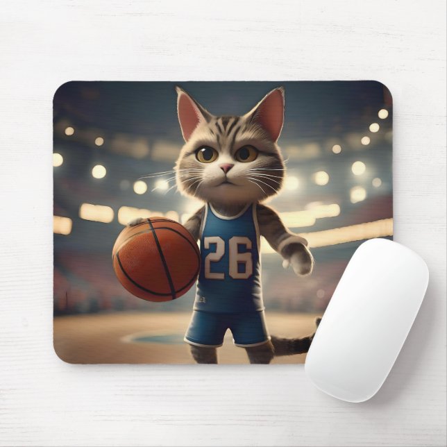 Claw-some Hoops: The Fearless Cat Basketballer Mouse Pad (With Mouse)