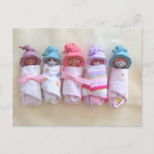 Clay Babies Elf Hats Sleeping Swaddled Cute Postcard