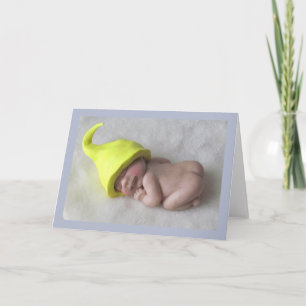 Clay Baby Sleeping on Tummy, Elf Hat, Sculpture Card