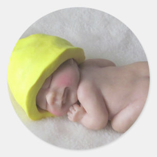 Clay Baby Sleeping on Tummy, Elf Hat, Sculpture Classic Round Sticker