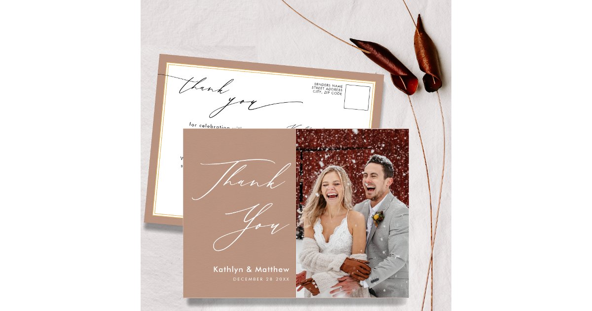 Clay Elegant Script Modern Photo Wedding Thank You Postcard | Zazzle