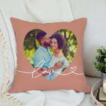 Clay Love Script Heart Photo Couple Throw Pillow<br><div class="desc">Warm terracotta clay tones give this romantic personalized pillow an earthy,  modern feel,  featuring a heart-shaped photo frame and flowing love script with a heart accent. Upload your own couple photo to create a meaningful keepsake that complements boho,  modern,  and neutral interiors. A beautiful anniversary or engagement gift.</div>