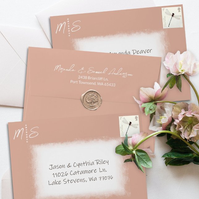 Clay Pot Beige Pre-addressed 5x7 Monogram Envelope (Peach, mauve, peach fuzz, dusty terracotta envelopes with return address pre-printed)