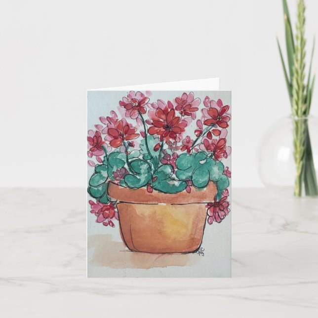  Clay pot watercolor red geraniums- folded blank Card (Front)
