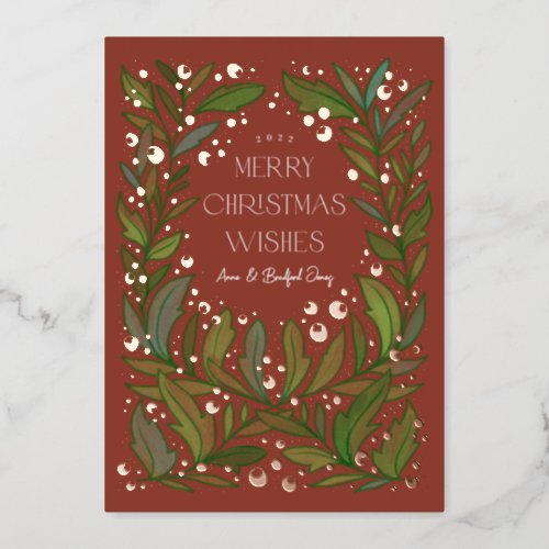 Clay Red Greenery Wreath Merry Christmas Foil Holiday Card