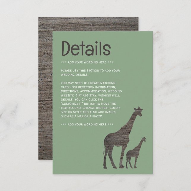 Clay Safari Giraffe, Rustic Wedding Detail Enclosure Card (Front/Back)