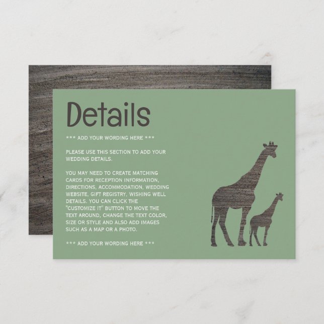Clay Safari Giraffe, Rustic Wedding Detail Enclosure Card (Front/Back)