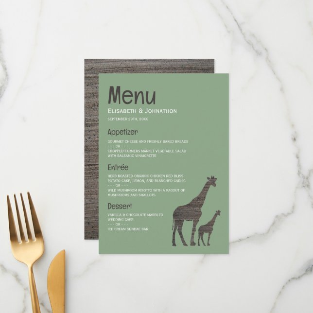Clay Safari Giraffe, Rustic Wedding Menu (Front/Back In Situ)