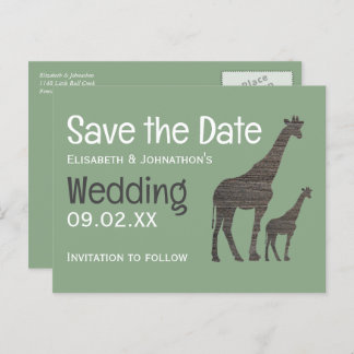 Clay Safari Giraffe, Rustic Wedding Save the Date Postcard