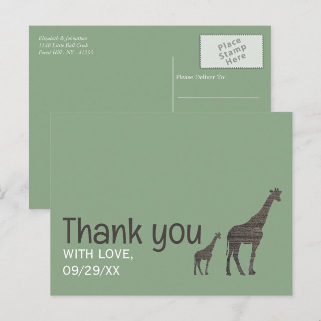 Clay Safari Giraffe, Rustic Wedding Thank You Postcard (Front/Back)