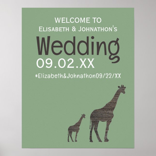 Clay Safari Giraffe, Rustic Wedding Welcome Poster (Front)