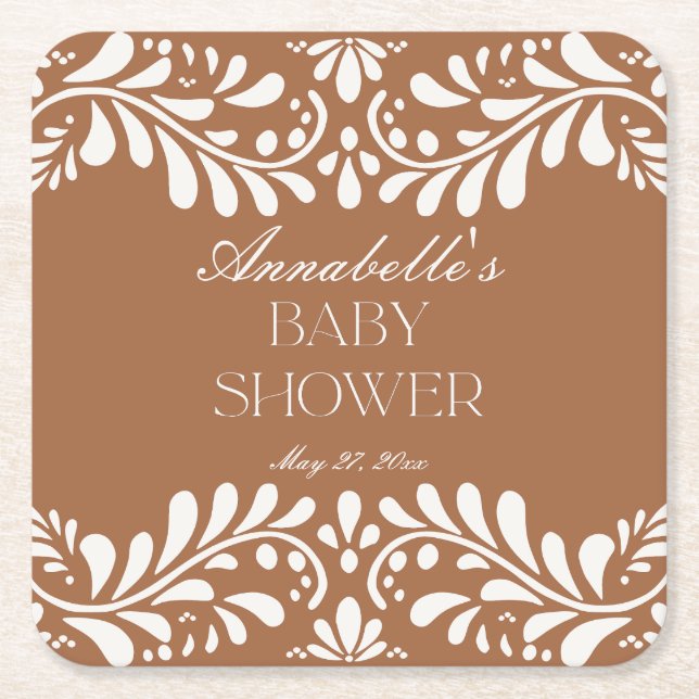 Clay Talavera Tile Spanish Fiesta Baby Shower Square Paper Coaster (Front)