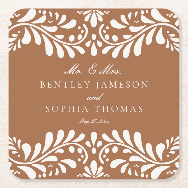 Clay Talavera Tile Spanish Style Fiesta Wedding Square Paper Coaster (Front)