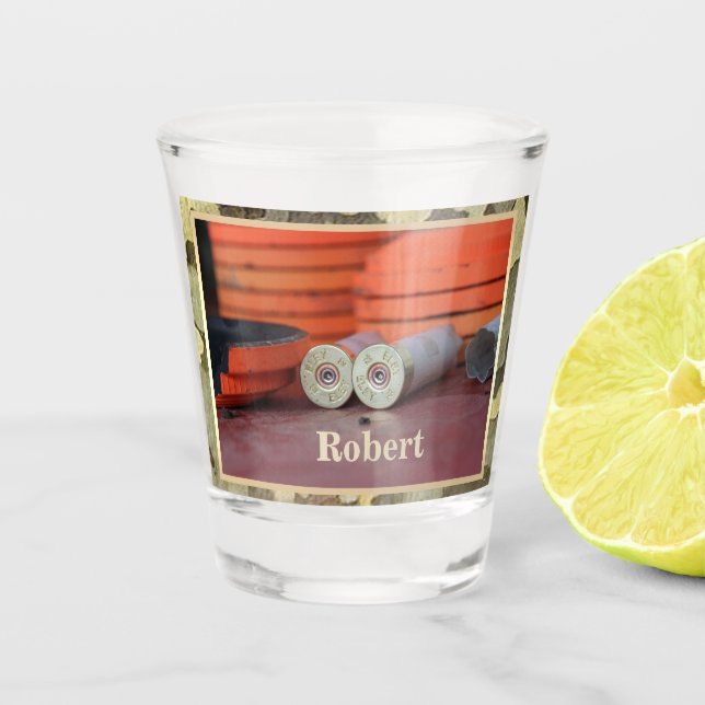 Clay Targets Trap Shooting Hunting Personalized Shot Glass (Front)