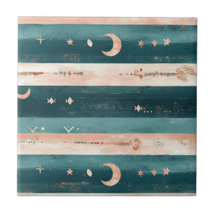 Clay & Teal Tribal Stars and Moon Stripe Ceramic Tile