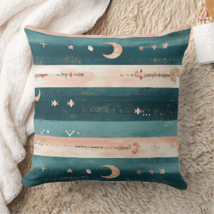 Clay & Teal Tribal Stars and Moon Stripe Throw Pillow
