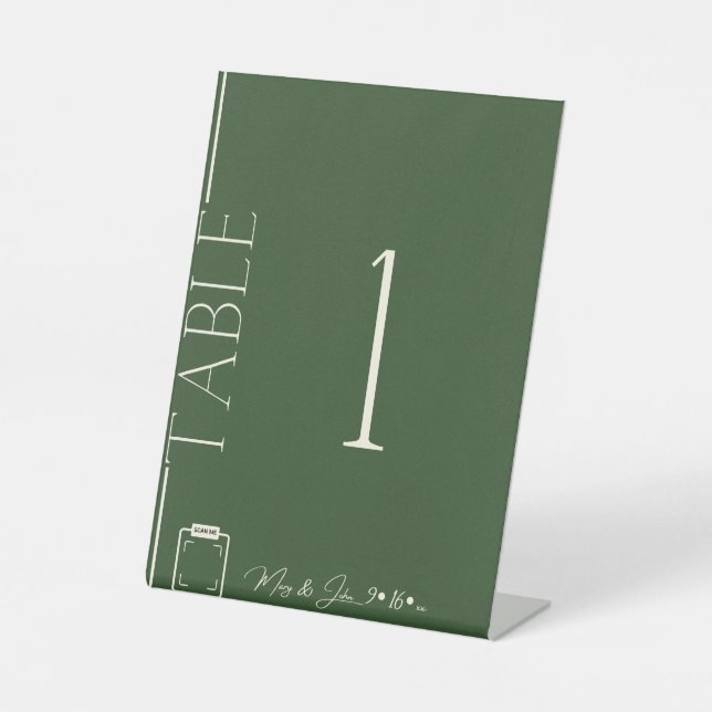 Clean Aesthetic Dark Green Wedding Table Number Pedestal Sign (Front)
