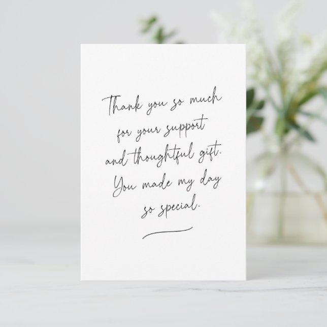 Clean and Chic Handwritten Script Black White  Thank You Card (Standing Front)