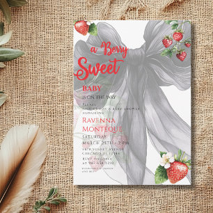 Clean Berry Sweet Black Bow Strawberry Baby Shower Invitation
