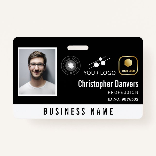 Clean Black Add 3 Logos Office Employee Badge (Front)