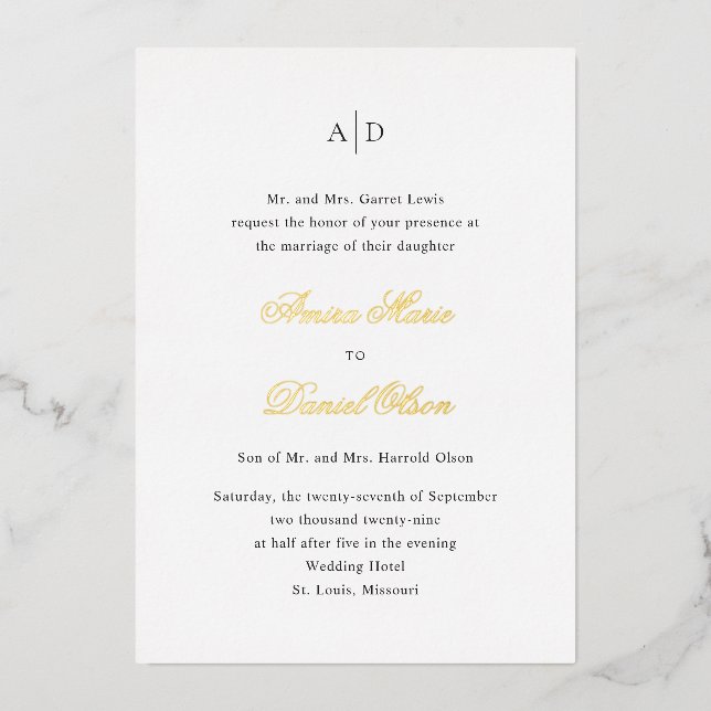 Clean Black and White Classic Wedding Foil Invitation (Front)