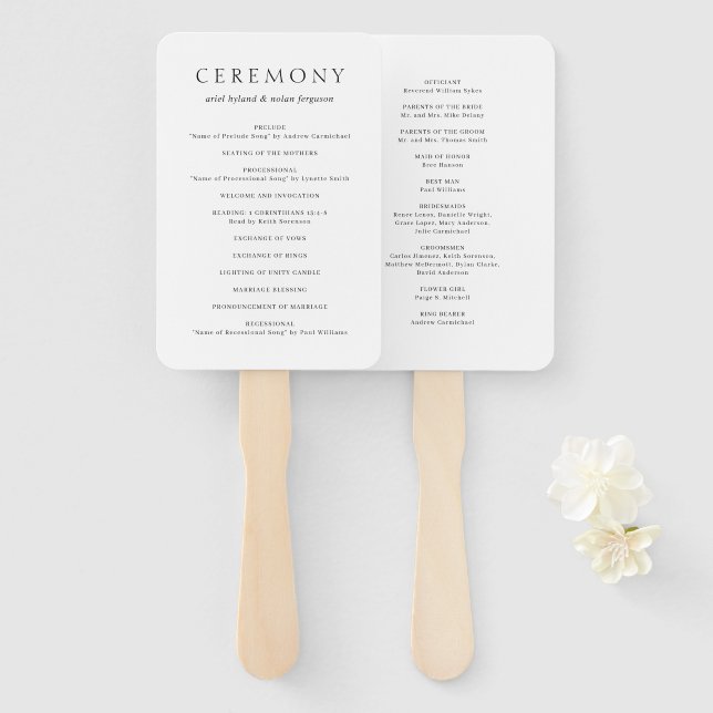 Clean Black and White Modern Wedding Program Hand Fan (Front and Back)