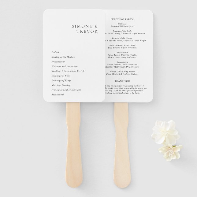 Clean Black and White Modern Wedding Program Hand Fan (Front and Back)