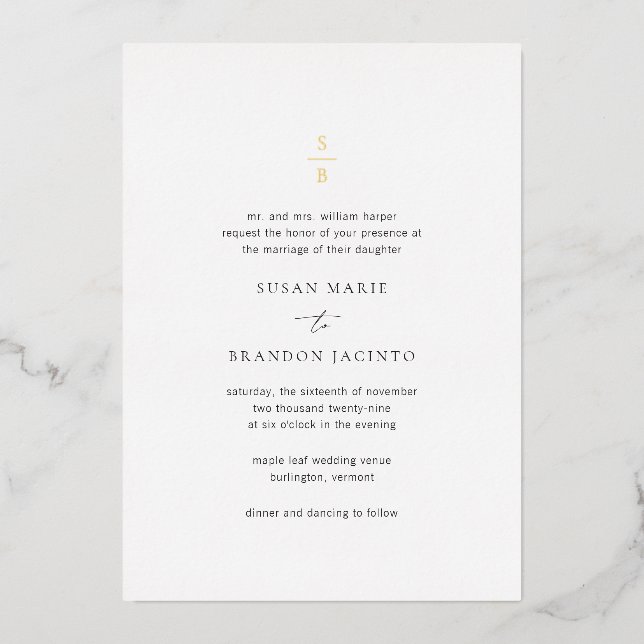 Clean Black and White Monogram Modern Wedding Foil Invitation (Front)