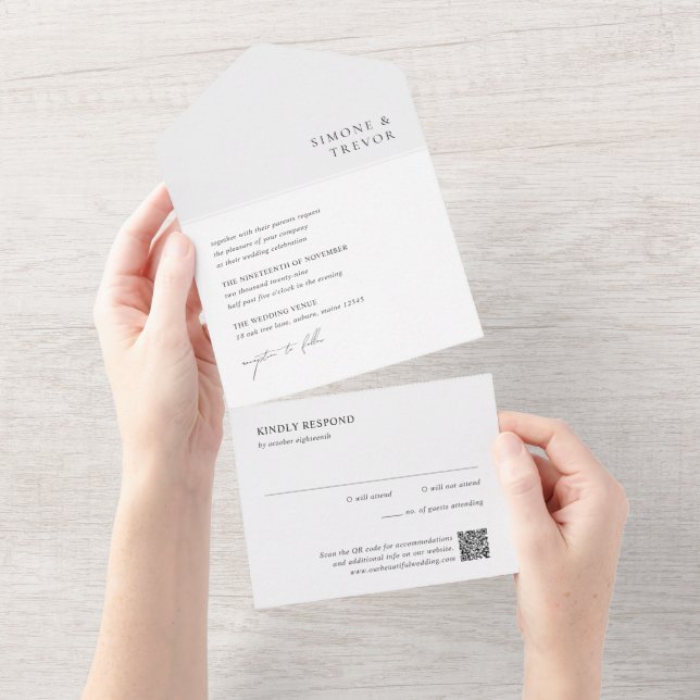 Clean Black and White QR Code Modern Wedding All In One Invitation (Tearaway)