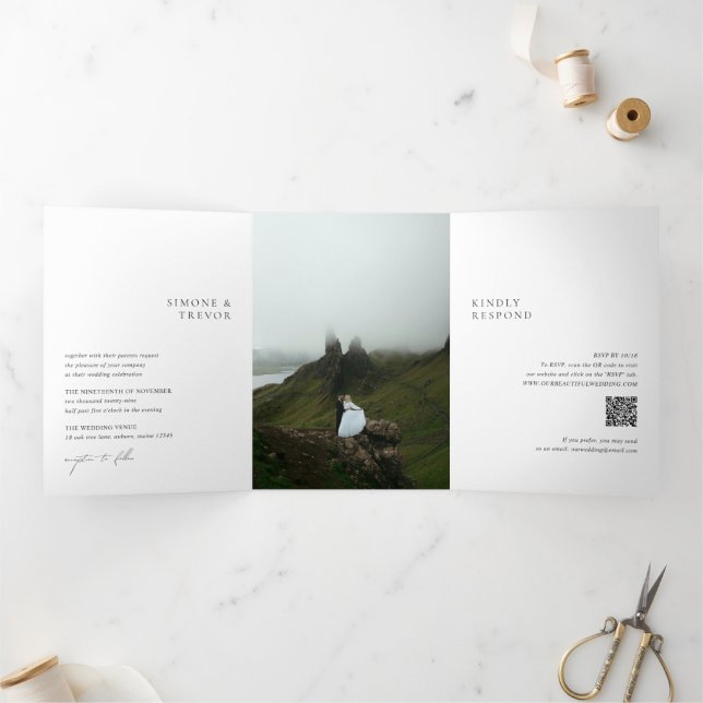 Clean Black and White QR Code Modern Wedding Tri-Fold Invitation (Inside)