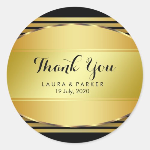 Clean Black Gold Curved Thank You Wedding Classic Round Sticker