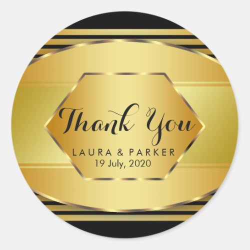 Clean Black Gold Curved Thank You Wedding Classic Round Sticker