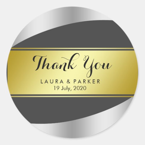 Clean Black Gold Modern Thank You Wedding Classic Round Sticker