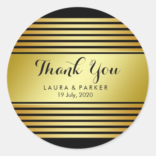 Clean Black Gold Striped Thank You Wedding Classic Round Sticker