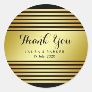 Clean Black Gold Striped Thank You Wedding Classic Round Sticker