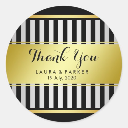 Clean Black Gold Striped Thank You Wedding Classic Round Sticker