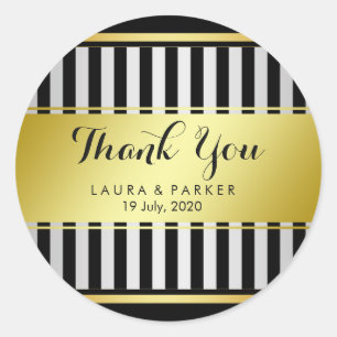 Clean Black Gold Striped Thank You Wedding Classic Round Sticker