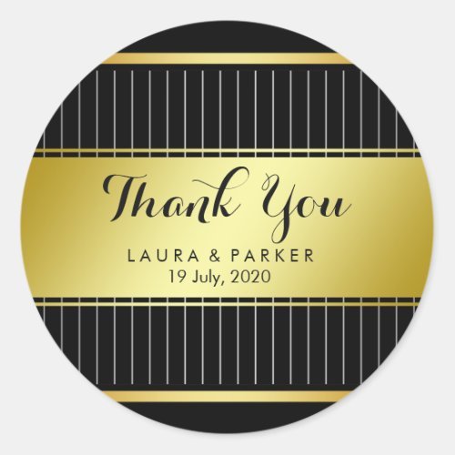 Clean Black Gold Striped Thank You Wedding Classic Round Sticker