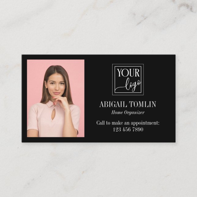 Clean Black Logo & Personal Photo Business Card (Front)