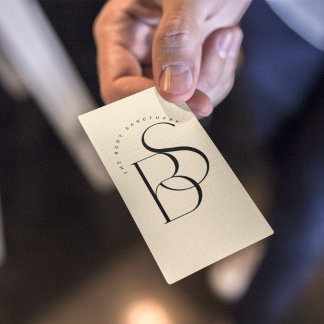 Clean Black Monogram Initial Script Champagne Business Card