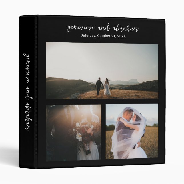 Clean Black Photo Modern Wedding 3 Ring Binder (Front/Spine)